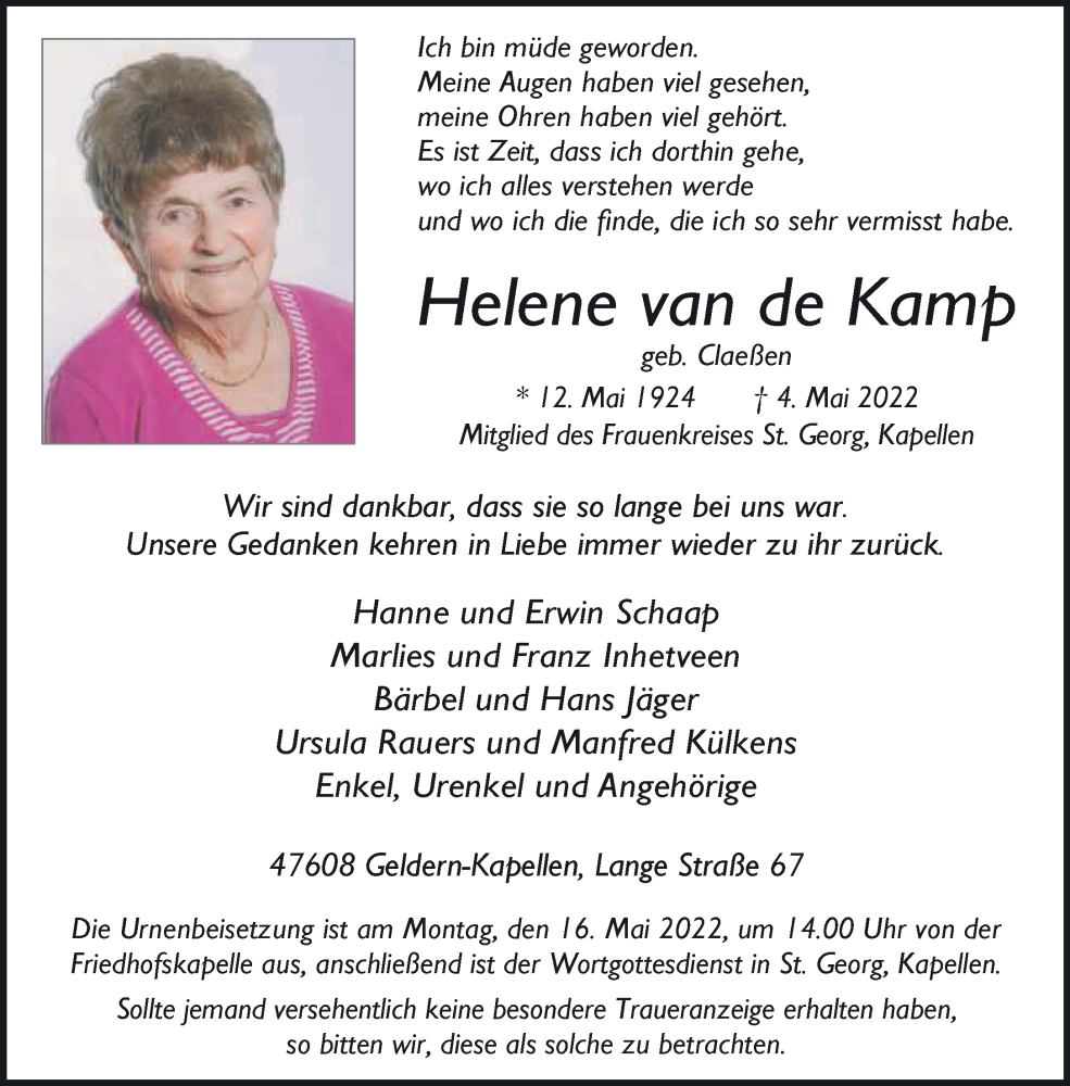  Traueranzeige für Helene van de Kamp vom 14.05.2022 aus 