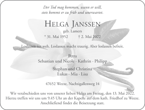 Traueranzeige von Helga Janssen 
