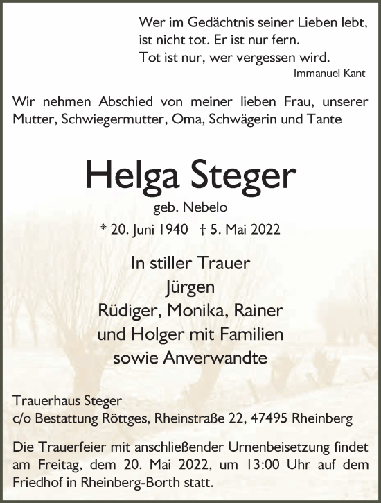 Traueranzeige von Helga Steger 