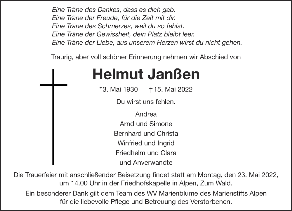  Traueranzeige für Helmut Janßen vom 21.05.2022 aus 