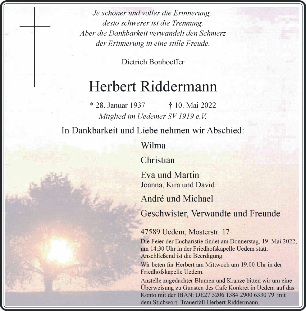  Traueranzeige für Herbert Riddermann vom 14.05.2022 aus 