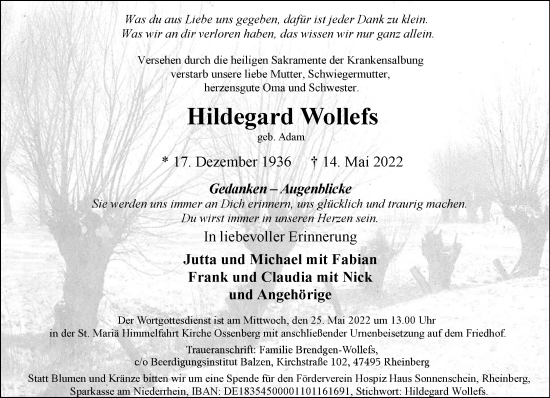 Traueranzeige von Hildegard Wollefs 