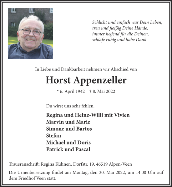 Traueranzeige von Horst Appenzeller 
