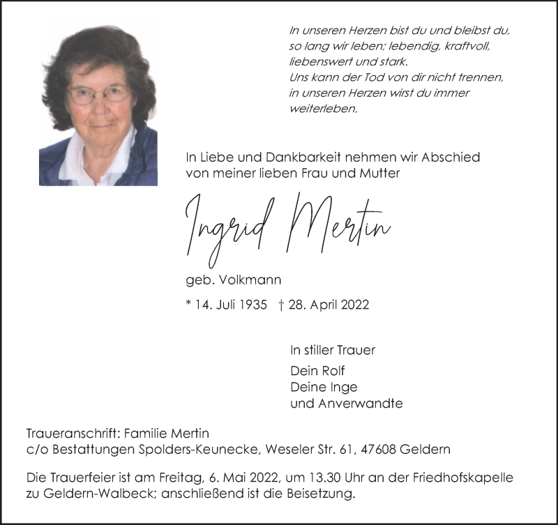  Traueranzeige für Ingrid Mertin vom 04.05.2022 aus 