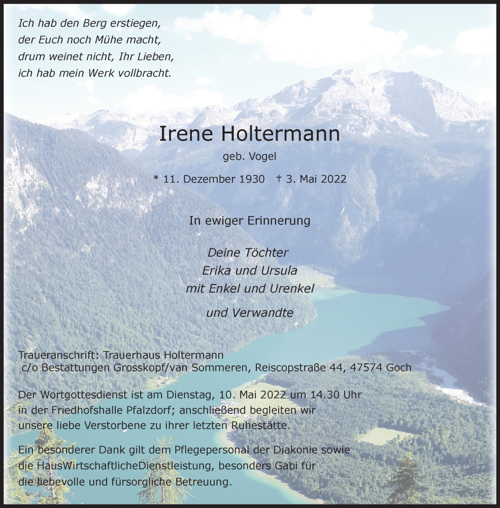  Traueranzeige für Irene Holtermann vom 07.05.2022 aus 