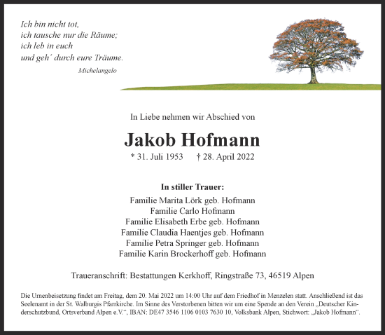 Traueranzeige von Jakob Hofmann 