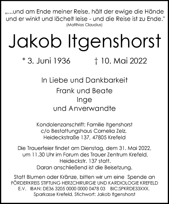 Traueranzeige von Jakob Itgenshorst 