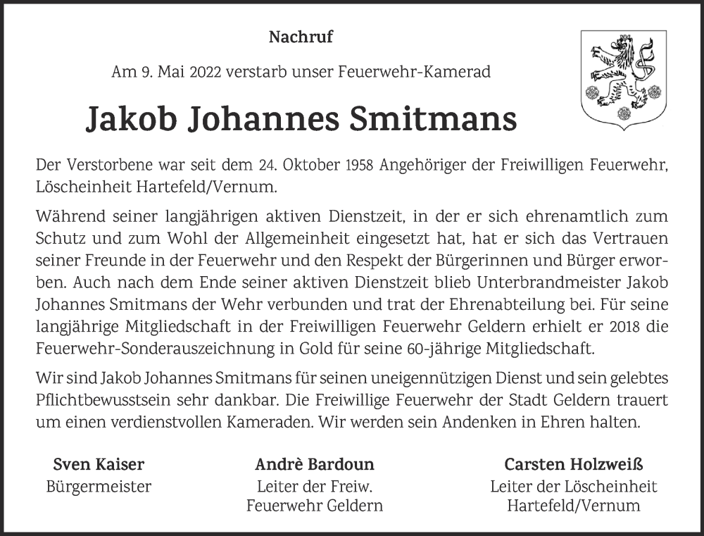  Traueranzeige für Jakob Johannes Smitmans vom 25.05.2022 aus 