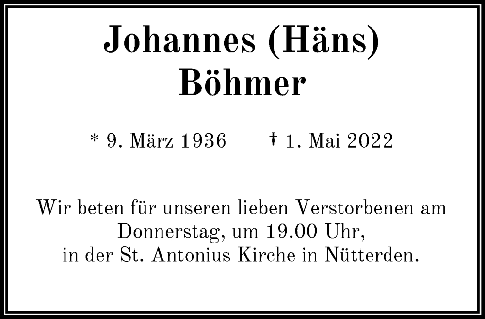  Traueranzeige für Johannes Böhmer vom 11.05.2022 aus 