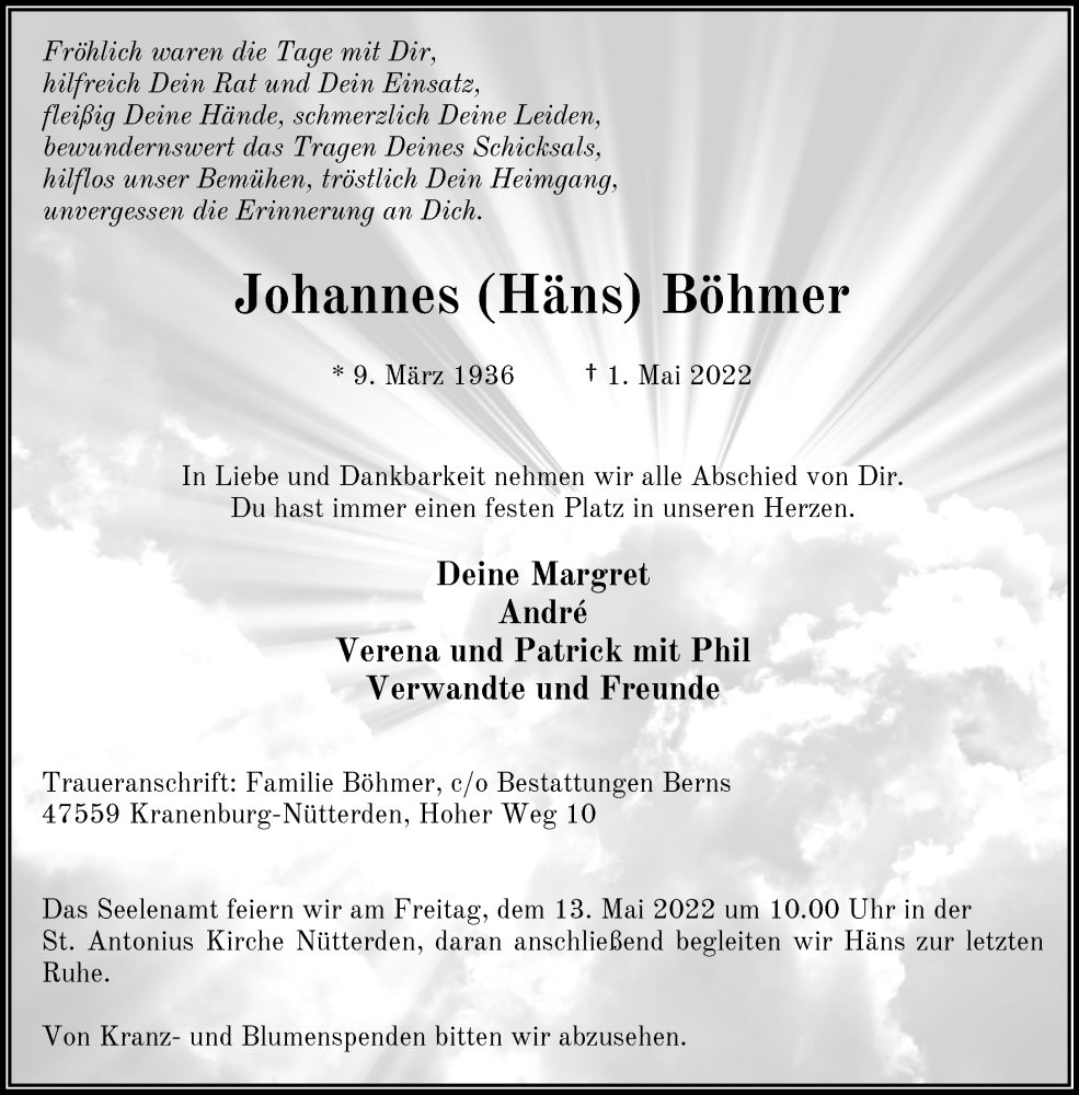  Traueranzeige für Johannes Böhmer vom 07.05.2022 aus 