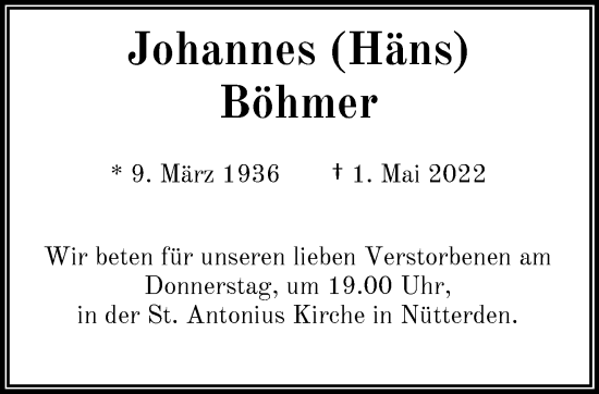 Traueranzeige von Johannes Böhmer 