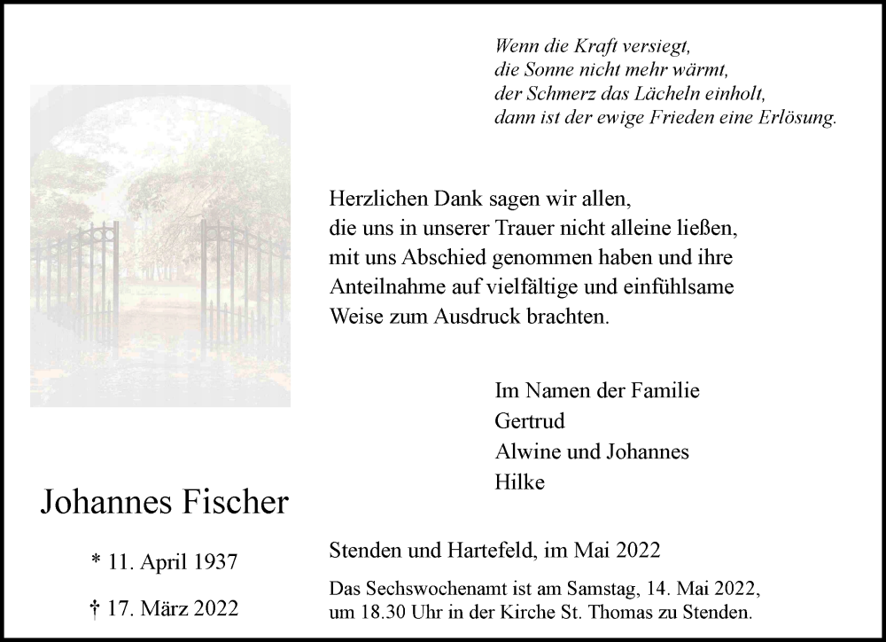  Traueranzeige für Johannes Fischer vom 07.05.2022 aus 