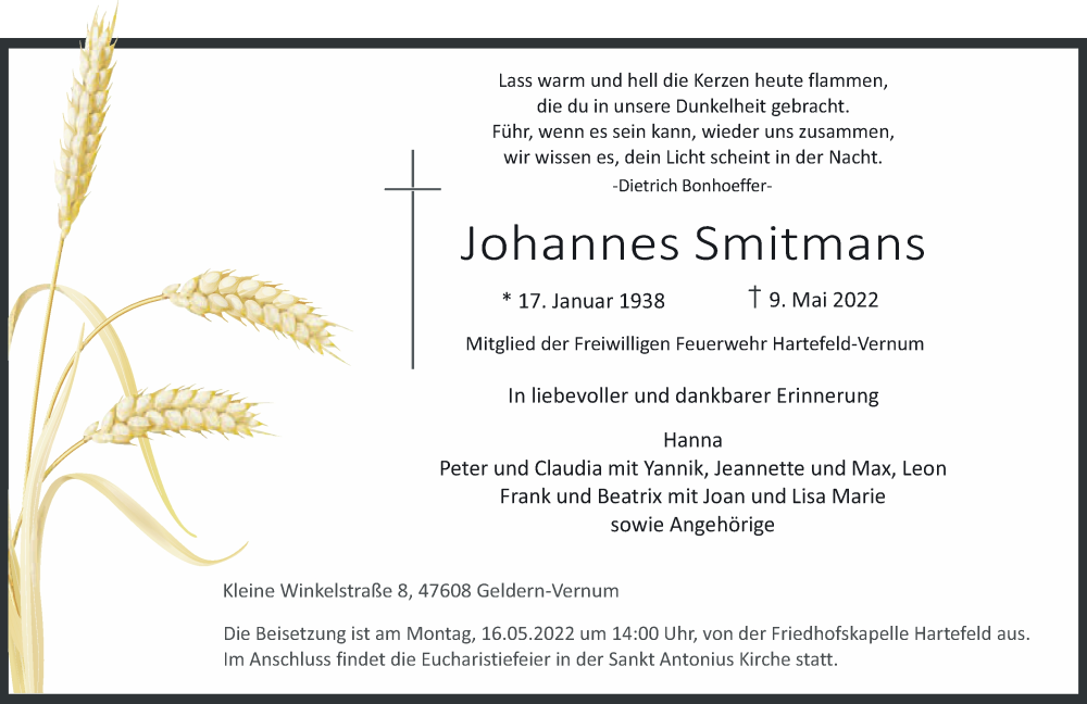  Traueranzeige für Johannes Smitmans vom 14.05.2022 aus 