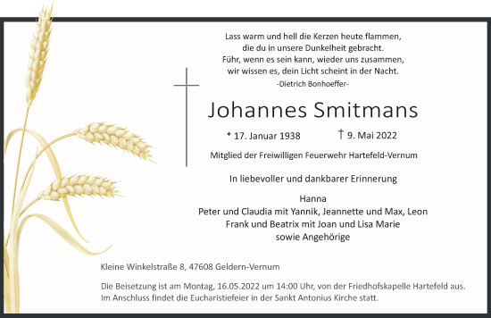 Traueranzeige von Johannes Smitmans 