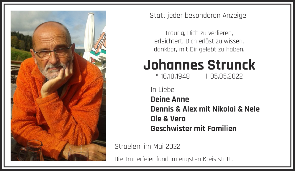  Traueranzeige für Johannes Strunck vom 14.05.2022 aus 