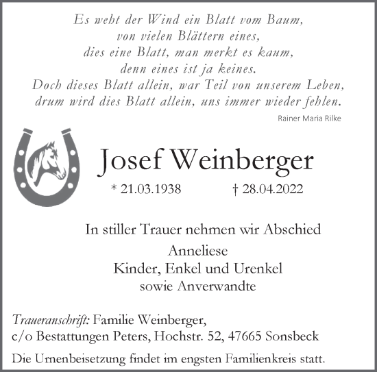Traueranzeige von Josef Weinberger 