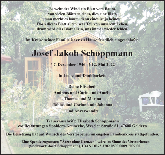 Traueranzeige von Josef Jakob Schoppmann 