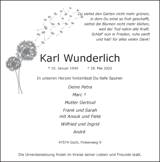 Traueranzeige von Karl Wunderlich 