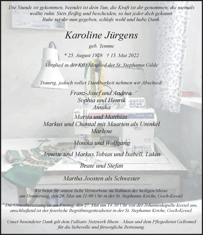  Traueranzeige für Karoline Jürgens vom 21.05.2022 aus 