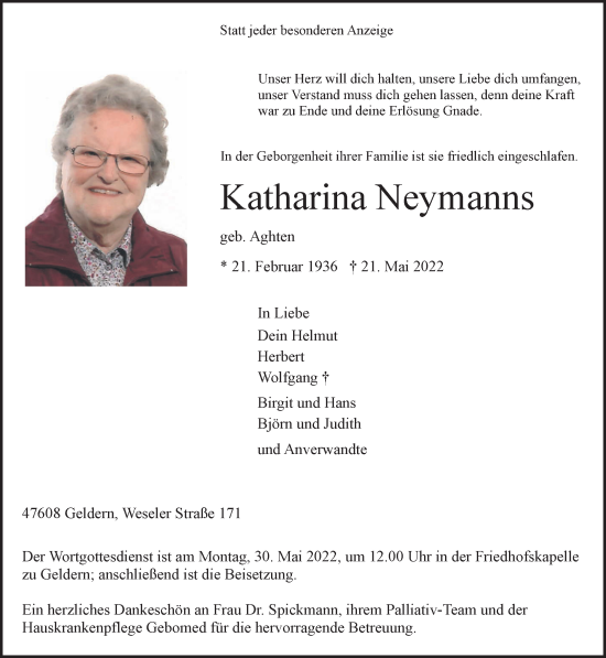 Traueranzeige von Katharina Neymanns 