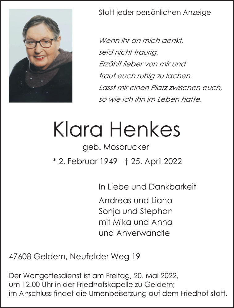  Traueranzeige für Klara Henkes vom 14.05.2022 aus 