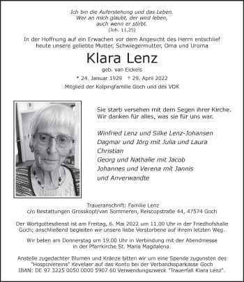 Traueranzeige von Klara Lenz 