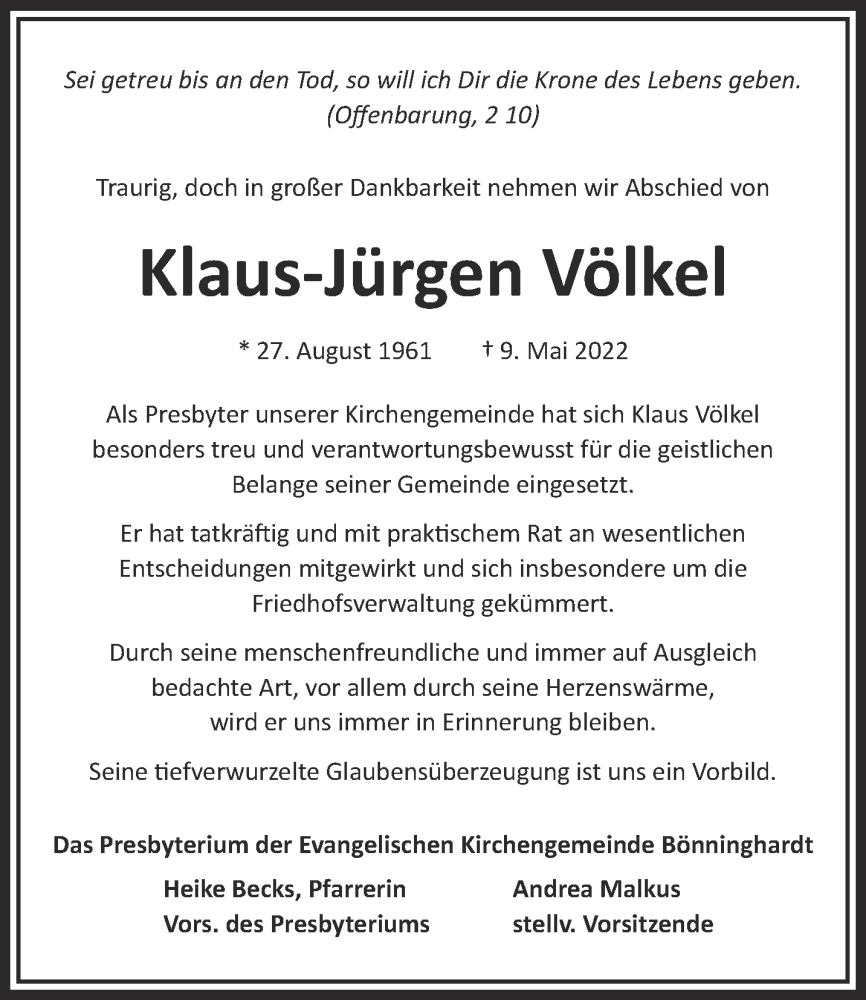  Traueranzeige für Klaus-Jürgen Völkel vom 14.05.2022 aus 