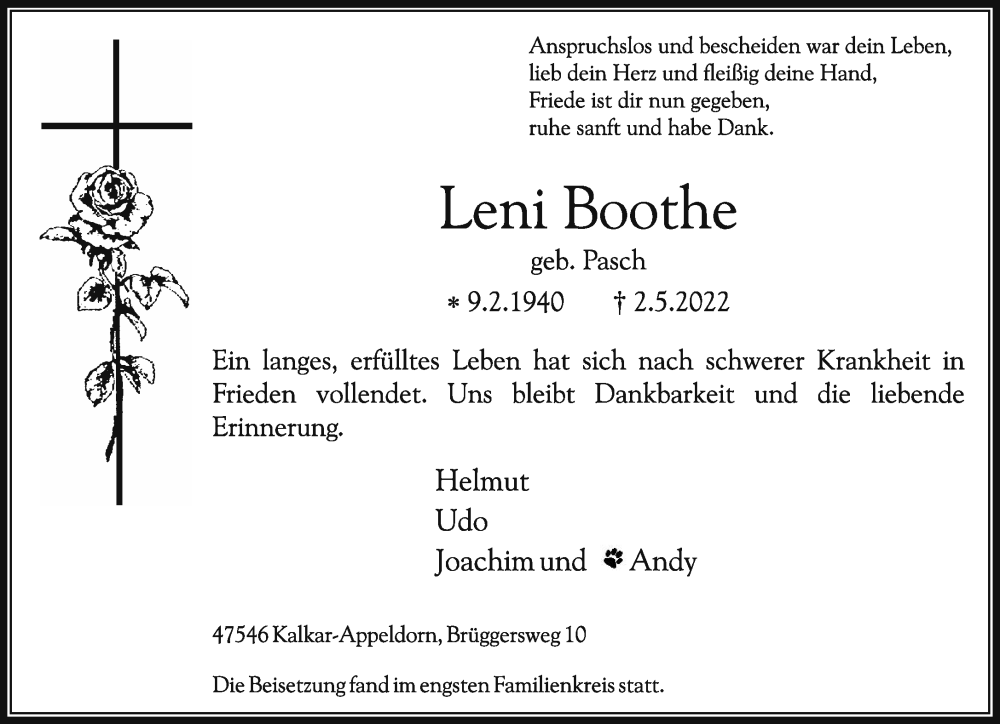  Traueranzeige für Leni Boothe vom 14.05.2022 aus 
