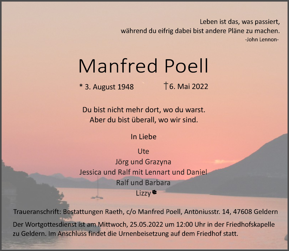  Traueranzeige für Manfred Poell vom 14.05.2022 aus 