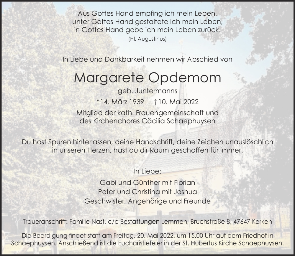  Traueranzeige für Margarete Opdemom vom 14.05.2022 aus 