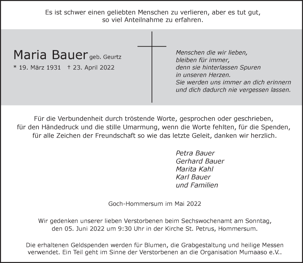  Traueranzeige für Maria Bauer vom 28.05.2022 aus 