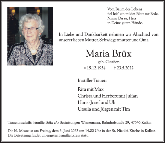 Traueranzeige von Maria Brüx 