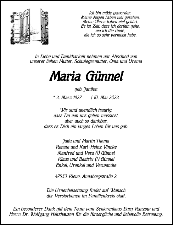 Traueranzeige von Maria Günnel 