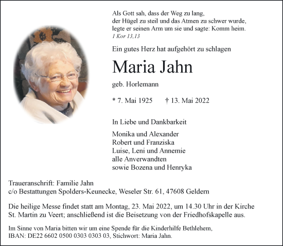 Traueranzeige von Maria Jahn 