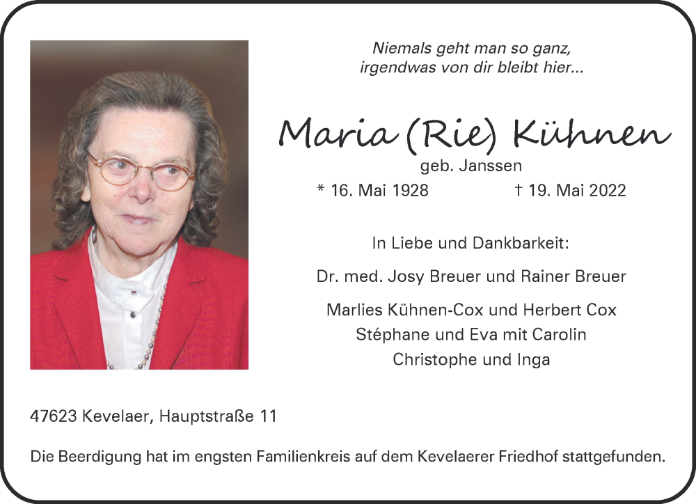  Traueranzeige für Maria Kühnen vom 28.05.2022 aus 