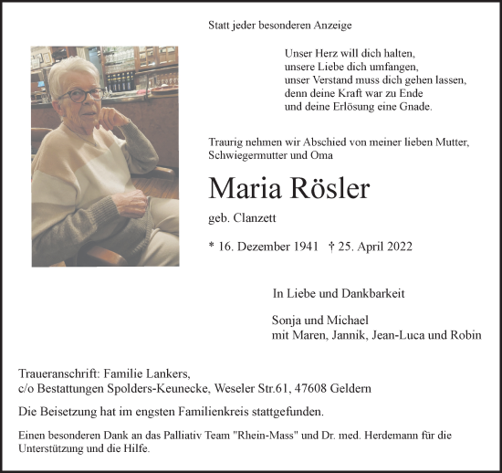 Traueranzeige von Maria Rösler 