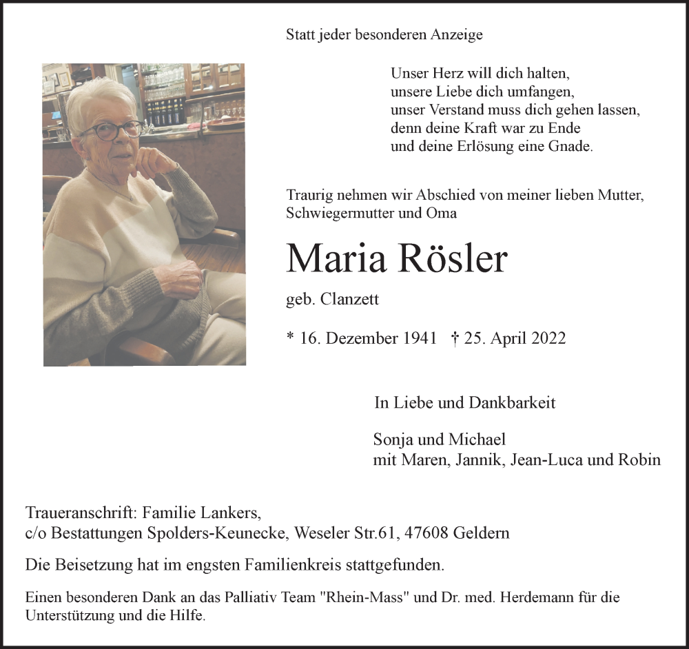  Traueranzeige für Maria Rösler vom 14.05.2022 aus 