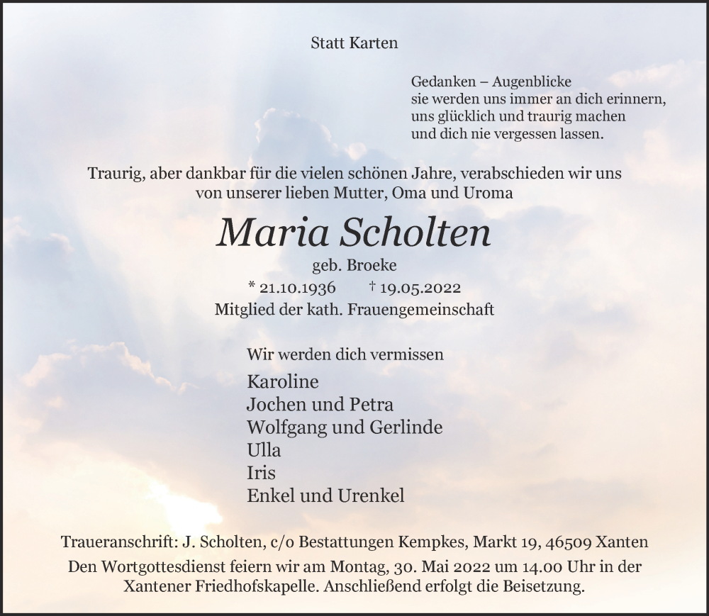  Traueranzeige für Maria Scholten vom 25.05.2022 aus 