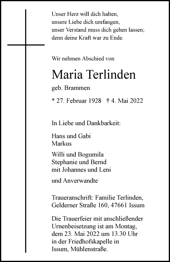 Traueranzeige von Maria Terlinden 