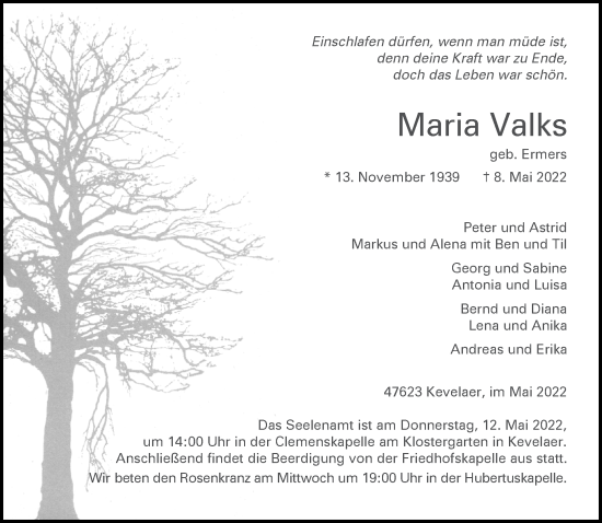 Traueranzeige von Maria Valks 