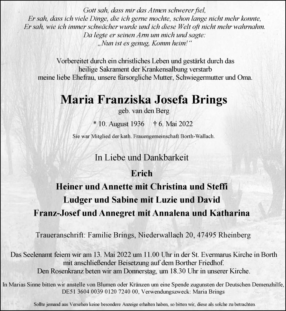  Traueranzeige für Maria Franziska Josefa Brings vom 11.05.2022 aus 