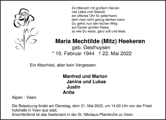 Traueranzeige von Maria Mechtilde Heekeren 