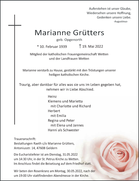 Traueranzeige von Marianne Grütters 