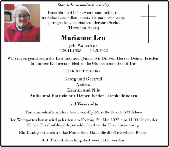 Traueranzeige von Marianne Leu 