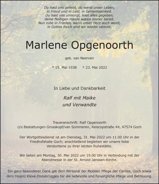 Traueranzeige von Marlene Opgenoorth 