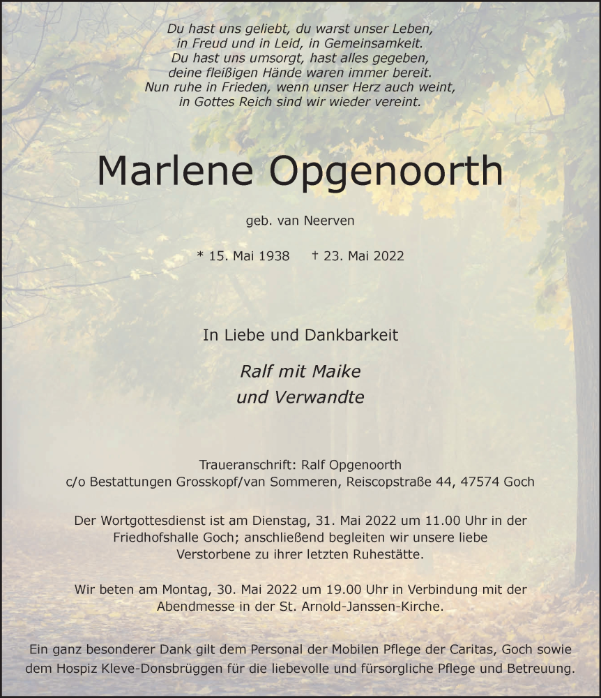  Traueranzeige für Marlene Opgenoorth vom 28.05.2022 aus 