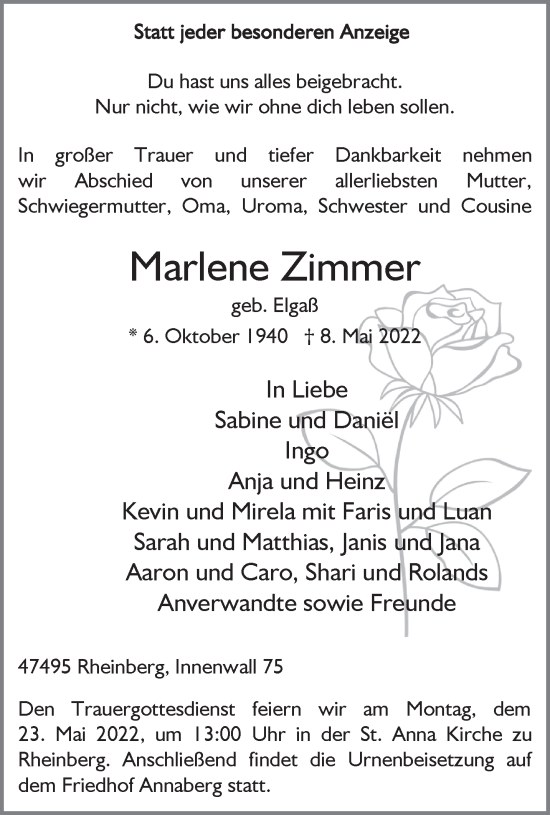 Traueranzeige von Marlene Zimmer 