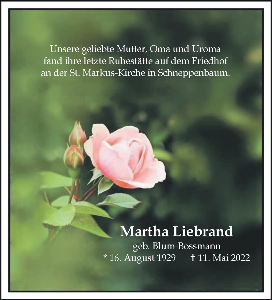  Traueranzeige für Martha Liebrand vom 21.05.2022 aus 