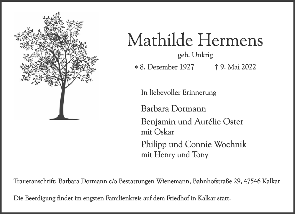  Traueranzeige für Mathilde Hermens vom 14.05.2022 aus 