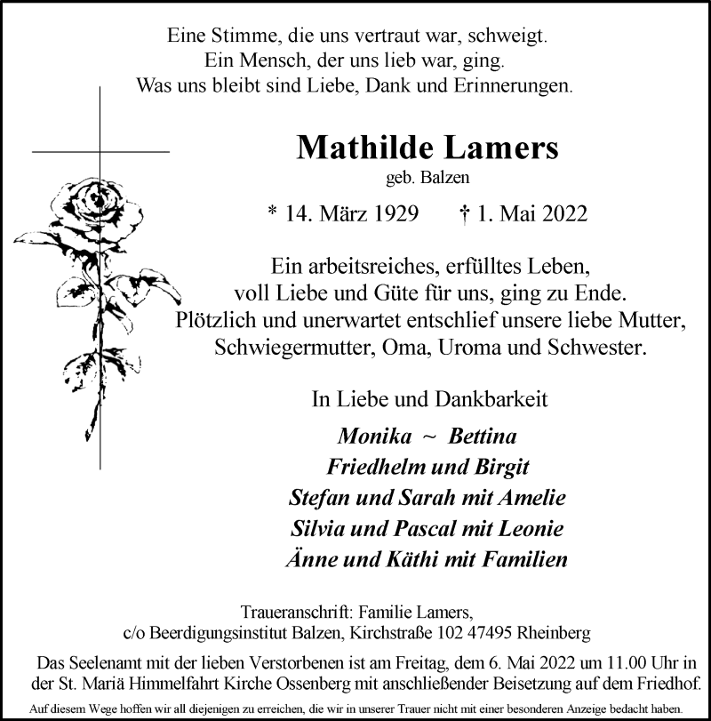  Traueranzeige für Mathilde Lamers vom 04.05.2022 aus 